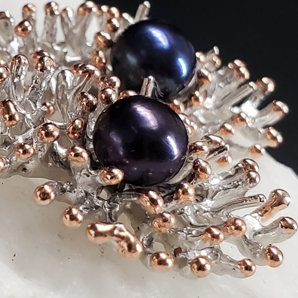 Sterling 925 Silver 14K Gold Unique Designer Earrings Genuine Black Pearls - Picture 7 of 10